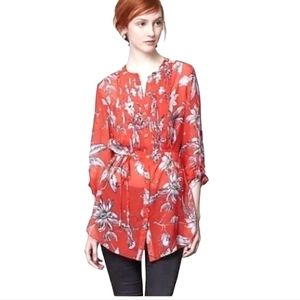 Anthropologie Red Floral Silk Tunic Size 6